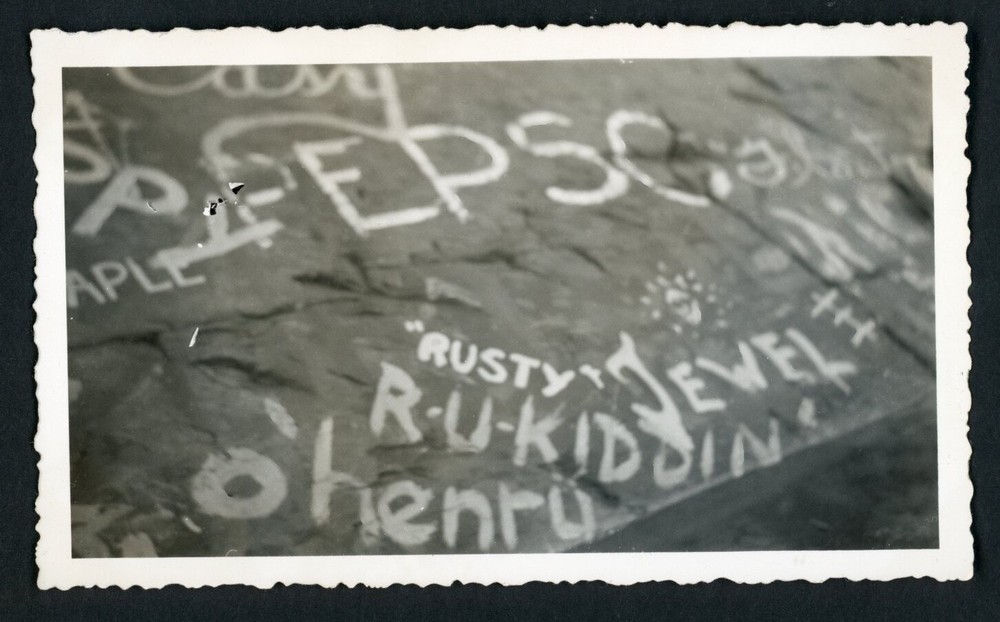 Graffiti on Rocks Wall Snapshot Photo 1940s Street Art Abstract Unusual 1-image