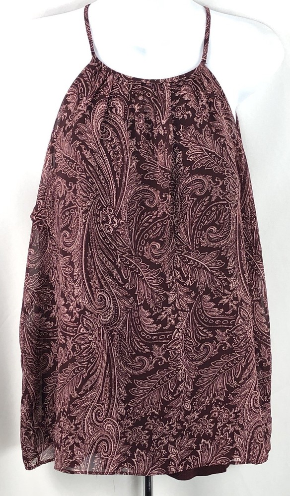 NY & Co Sleeveless Halter Top Size M in Burgundy Pink Geo Paisley Rayon Y2K Boho Gypsy Style