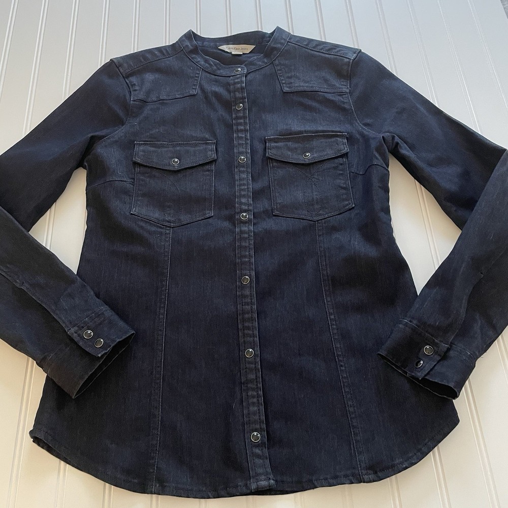 CALVIN KLEIN Denim Jacket Shirt Sz Small Pockets Snap Front Dark Wash