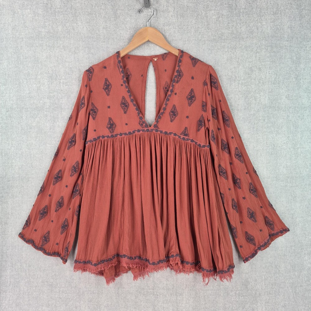Free People Blouse Womens Medium Orange Boho Bell Sleeve Fringe Tunic Top