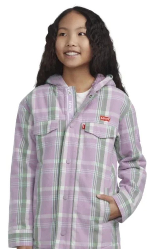 Levi's Girls Size Large 14/16 Purple Plaid Hooded Sherpa Flannel Shacket Shirt