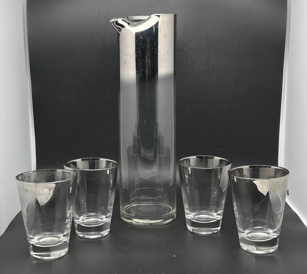 Vtg MCM Dorothy Thorpe Style Glass Cocktail Pitcher Silver Fade & 4 Glasses