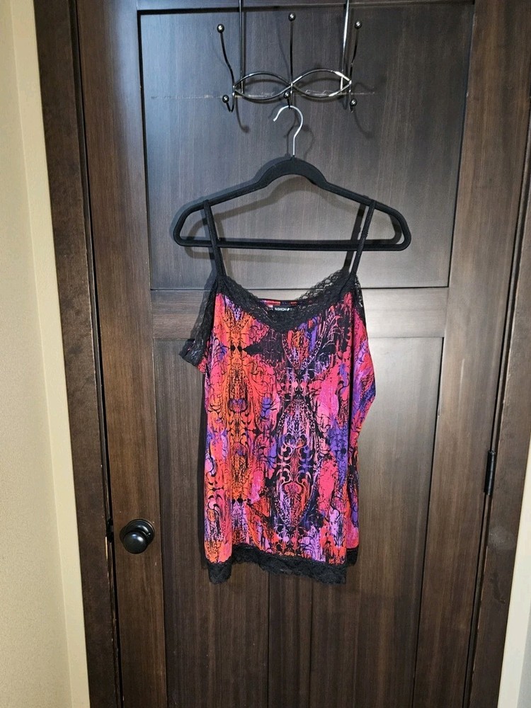 EUC Women's Plus Vintage Y2K Lace Trimmed Stretch Knit Cami Tank Top Size 1X