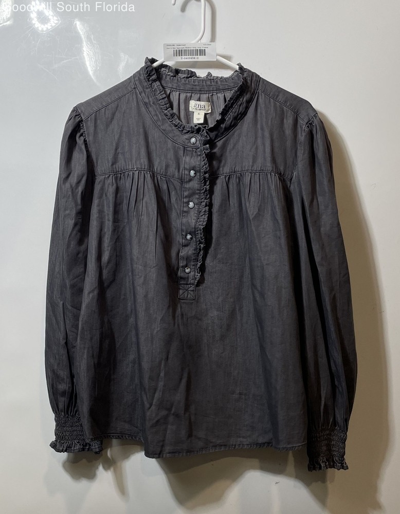 Ana A New Approach Womens Gray Ruffle Round Neck Long Sleeve Blouse Top Size XL