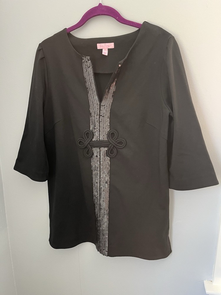 Lilly Pulitzer Women's Top Tunic Black 3/4 Sleeve V-Neck Sequins Details Size 10