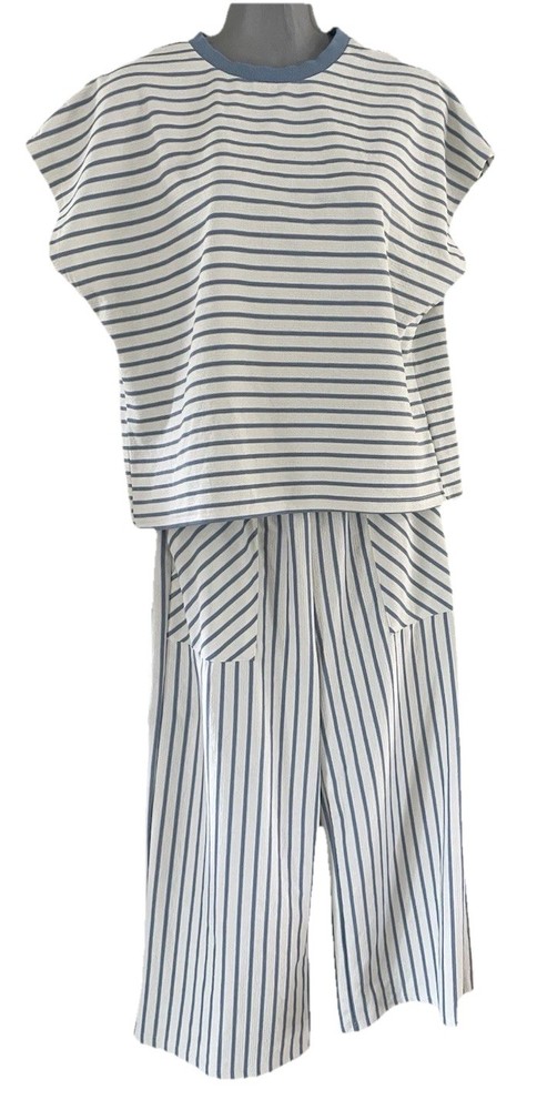 Women’s Blue Beige Striped Lounge Set Flare Pants Crop Top Summer Size M