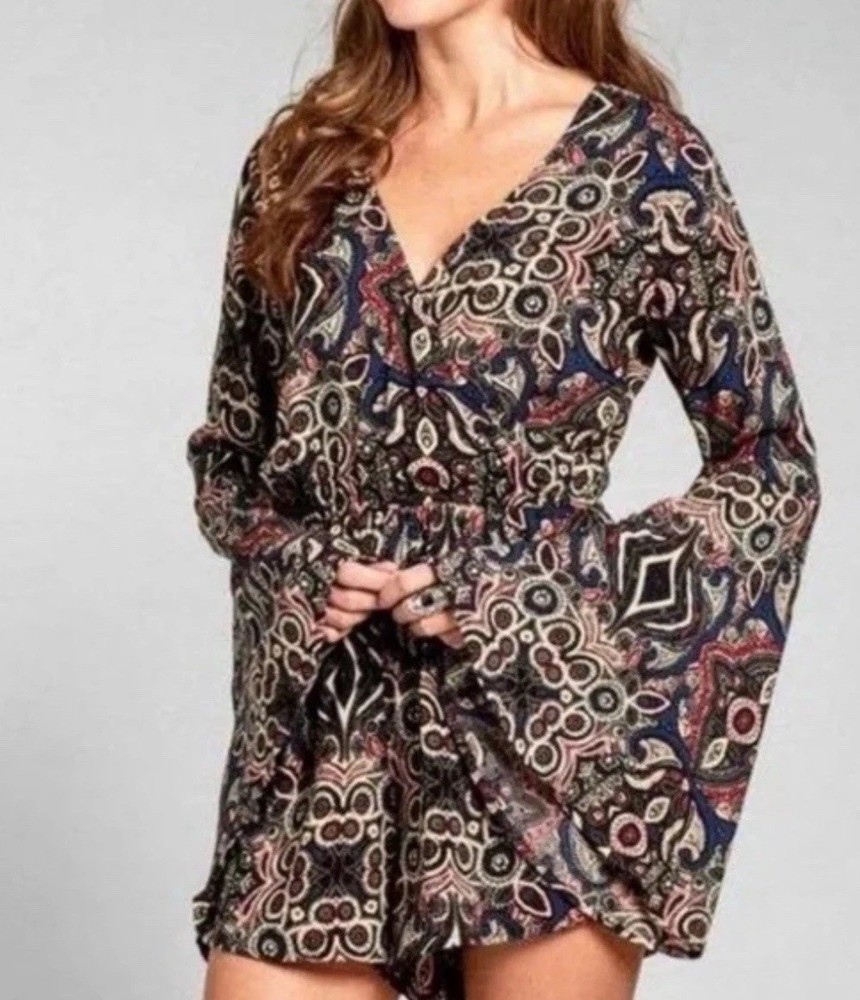 ABERCROMBIE & FITCH Romper Womens M Bell Sleeves Bohemian Retro 70s 80s Festival