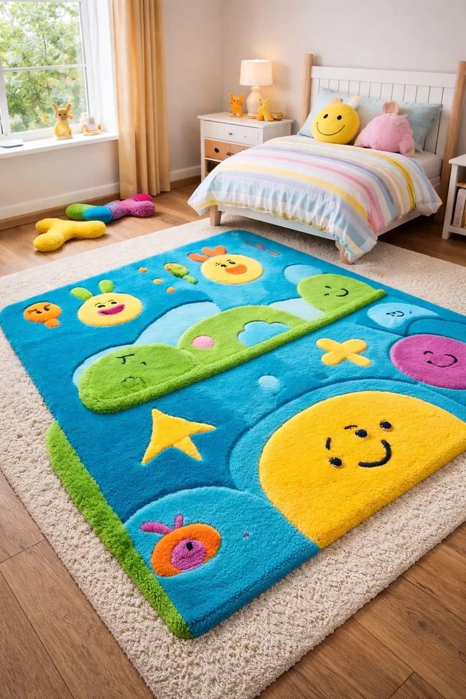 Colorful Kids Cartoon Rug Hand Tufted Playroom Carpet Cute Smiley Design Carpets