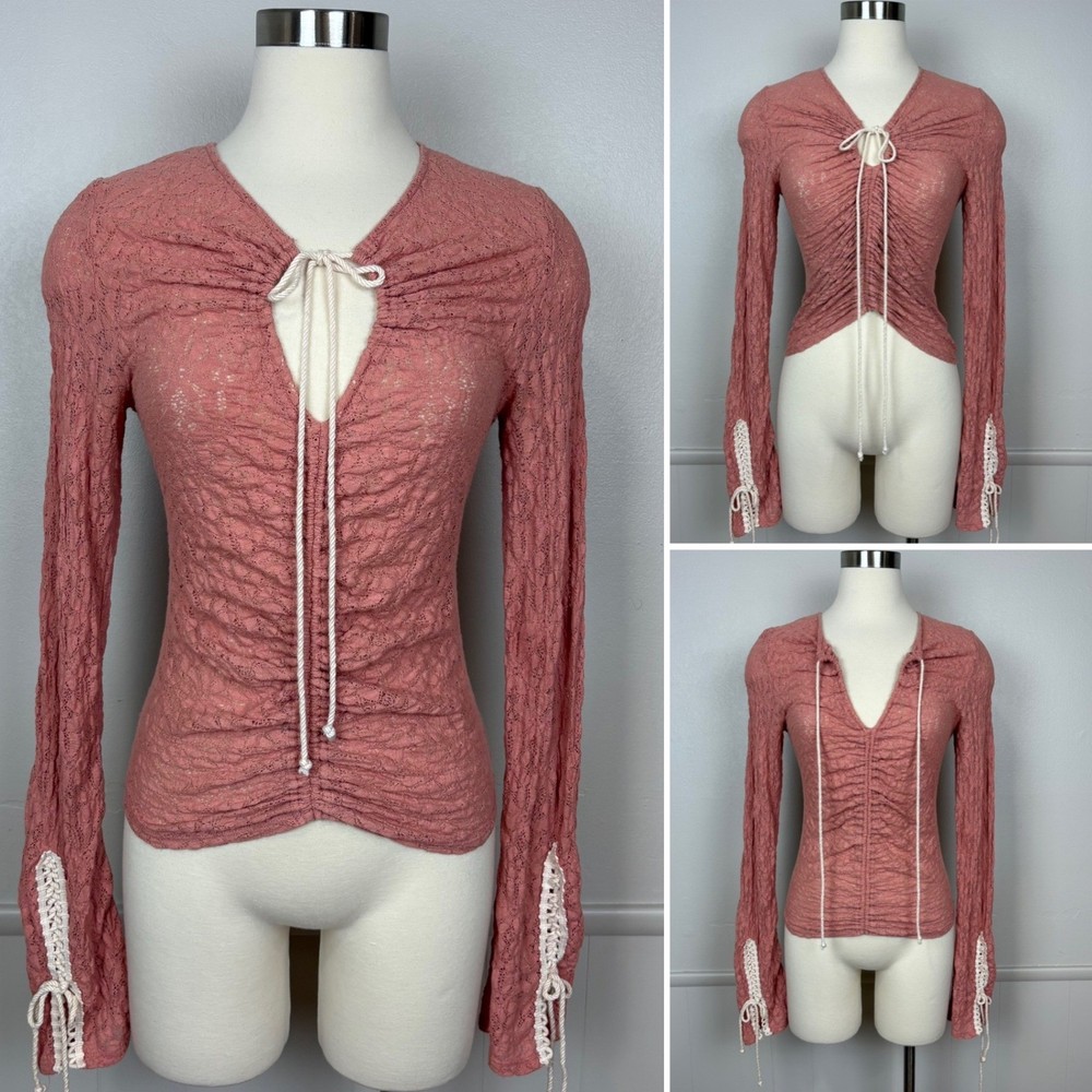 Free People Lilah Top Size S Coral  Crush Blush Lace Mesh Ruched Romantic Fairy