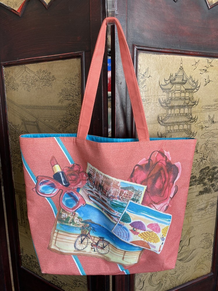 Lancome pink summer postcard print fully lined tote bag
