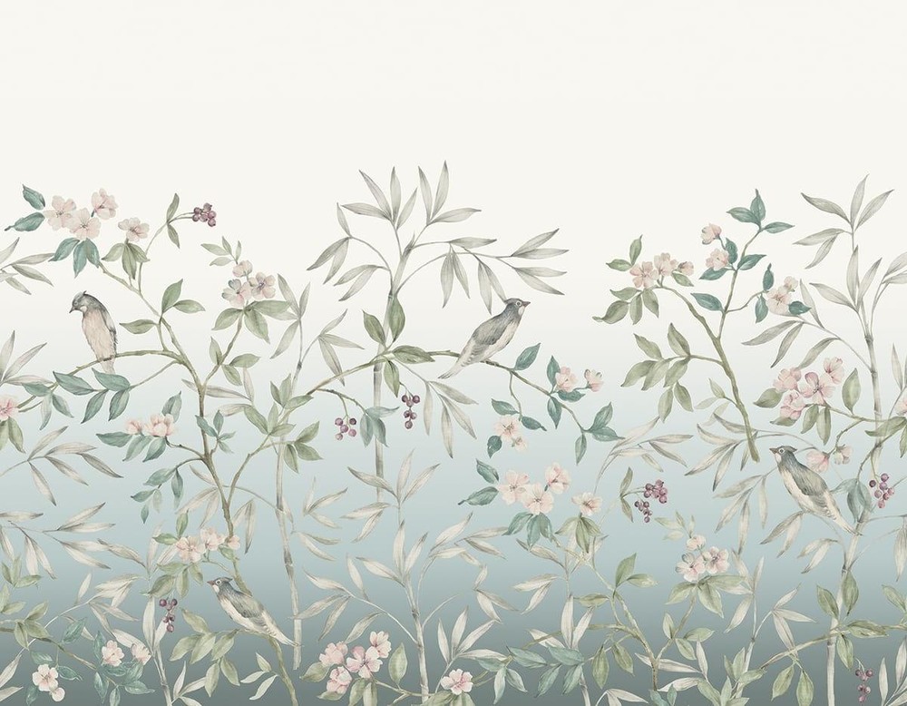 Wallpaper 4 Panel Mural Charleston Chinoiserie Birds On Floral Vine Blue