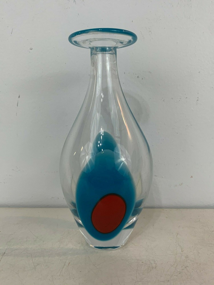 1999 Tony Cray Signed Art Glass Vase w/ Blue & Red Spot Decoration