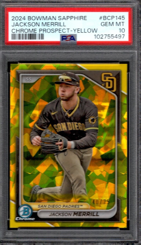 2024 Bowman Sapphire Chrome Prospect Jackson Merrill Yellow /75 BCP145 PSA 10