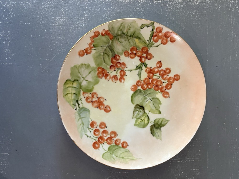 Vintage Hand Painted Porcelain Cabinet Plate Red Currants Berries Signed 8”