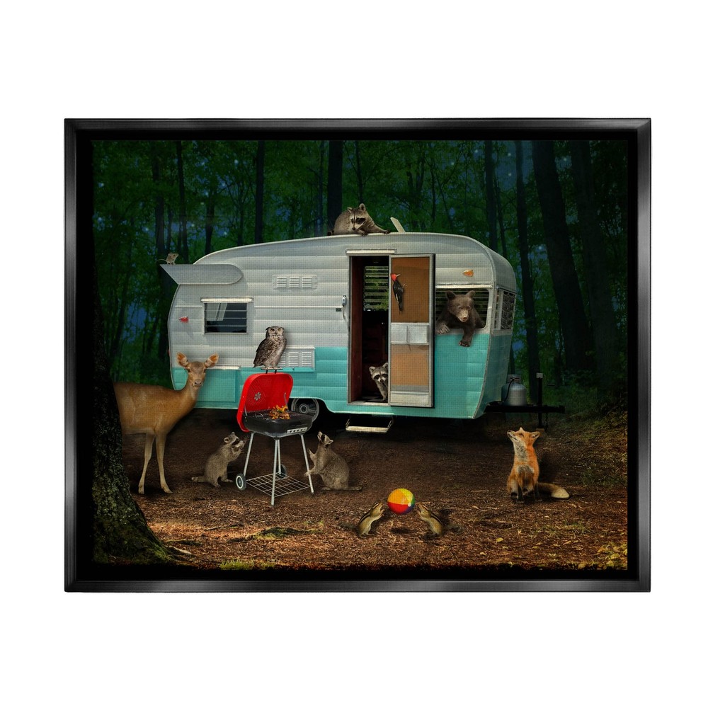 RV Campsite Woodland Wildlife Floating Framed Wall Art by John Doe