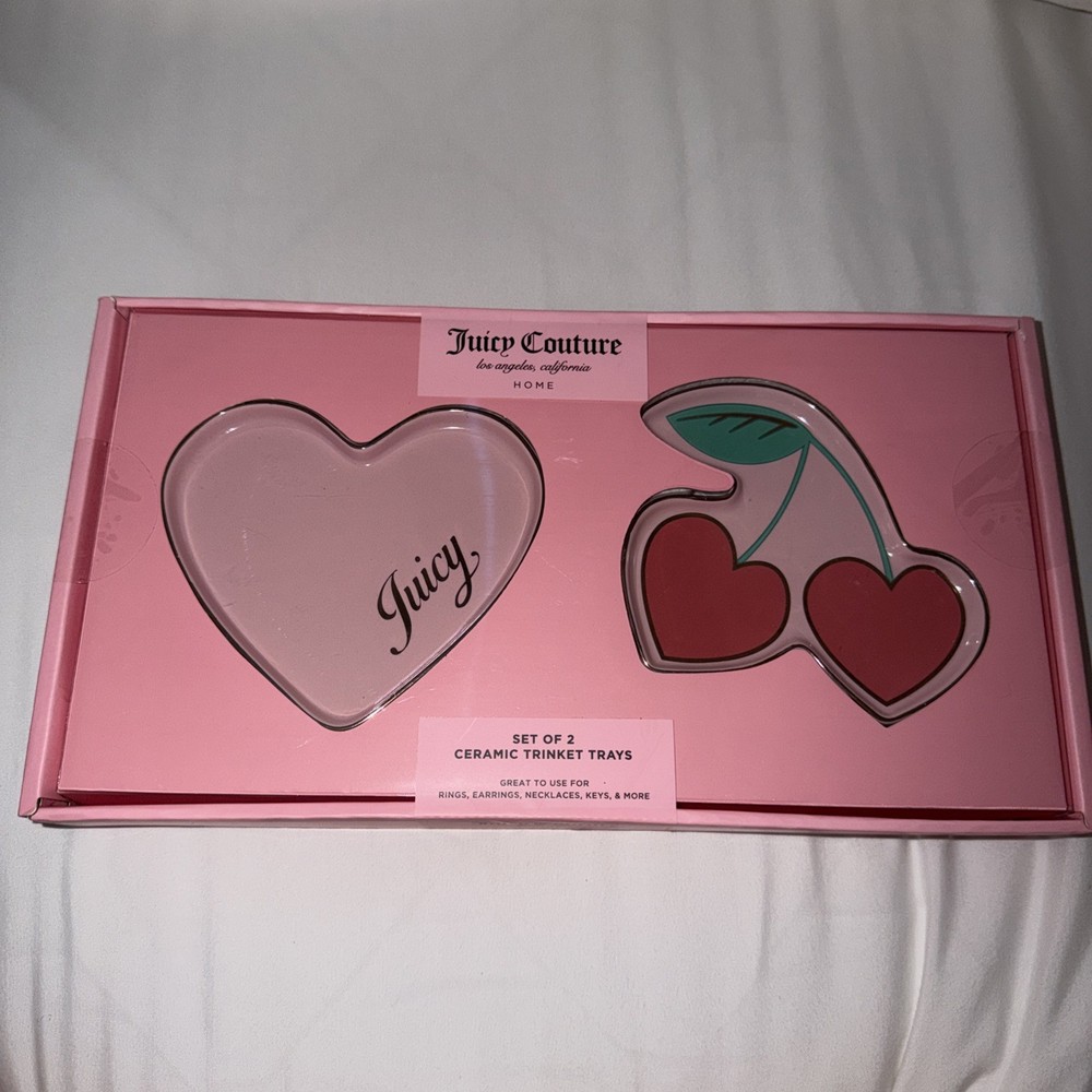 Juicy Couture Ceramic Trinket Tray Set – 2-Pack Heart & Cherries – New in Box