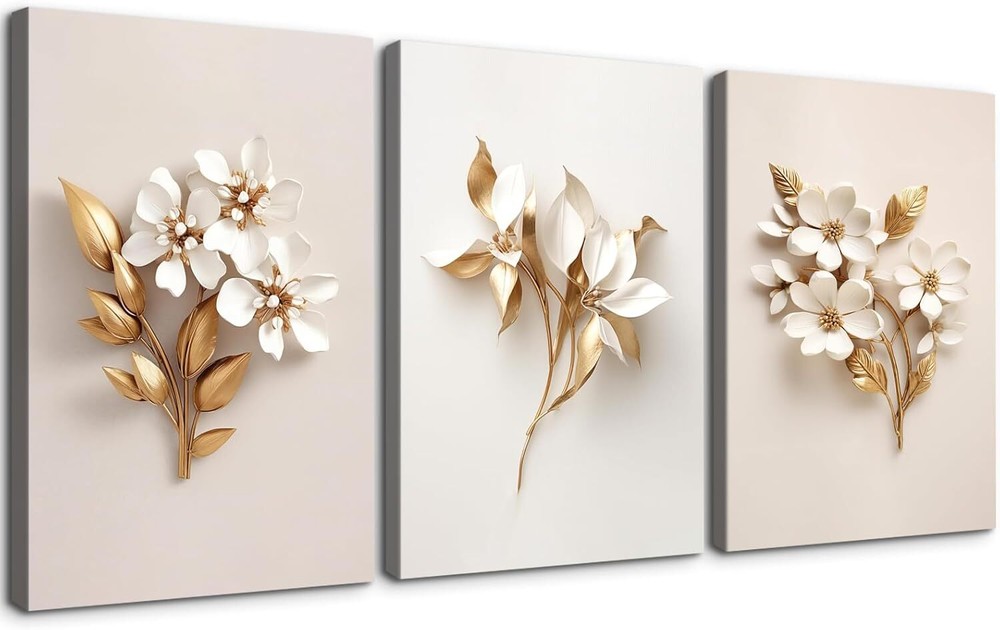 3 Piece Wall Art Canvas Gold Flower Picture Minimalist Floral Poster Modern Art