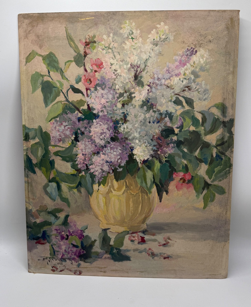 Vintage Signed Lilac Painting Floral Flower Vase Still Life Cottagecore Garden