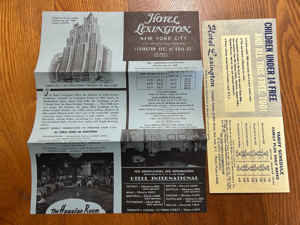 Vintage 1960 Hotel Lexington Advertisement Flyer NYC New York City NY