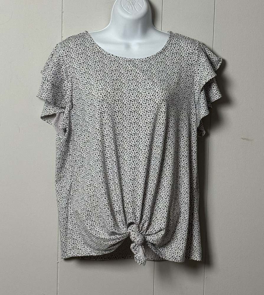 Adrianna Papell Women’s Black & White Ruffle Short Sleeve Blouse Tie Front Sz L