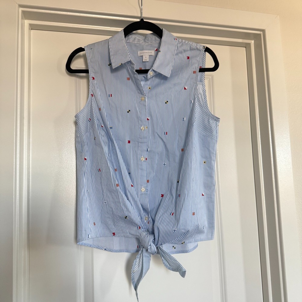 Coastal Preppy Old Money Nautical Flag Button up Shirt striped sz 10