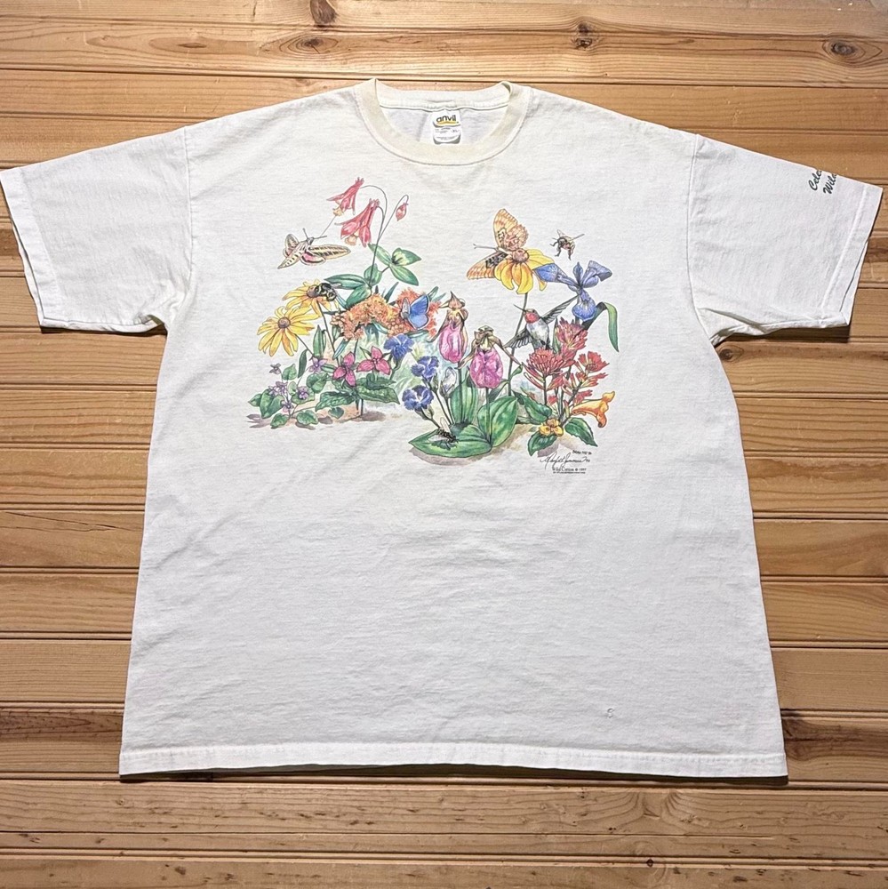 Vintage 1997 Wildflowers Butterfly Bees Nature Double Sided Graphic T-Shirt - XL