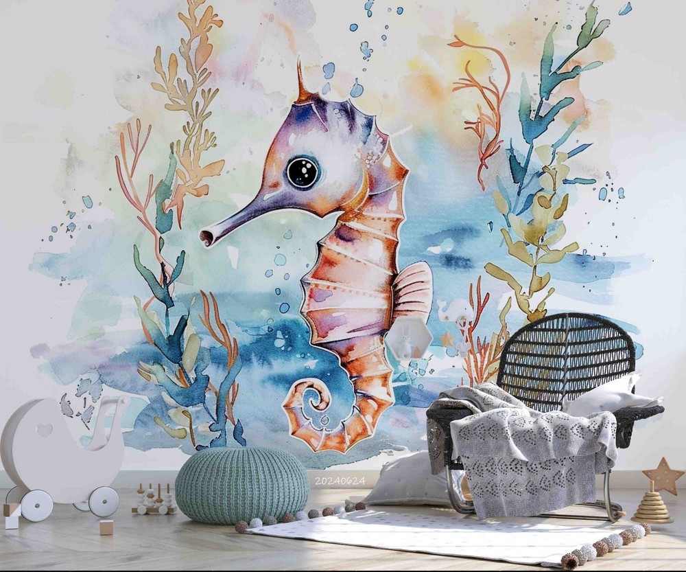 3D Seahorse Coral Watercolor Wall Murals Wallpaper Murals Wall Sticker 5