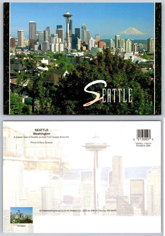Seattle Washington Skyline Space Needle Mt Rainier Queen Anne Hill Postcard