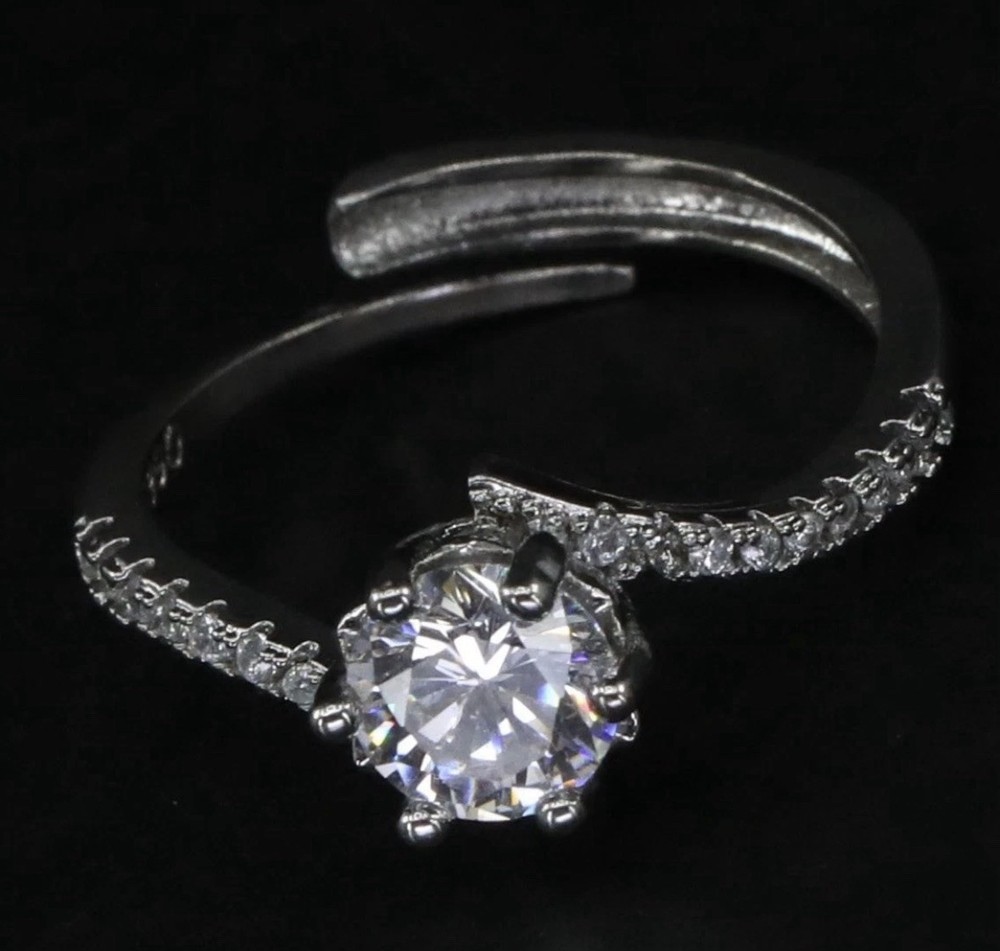 Silver Plated - Channel-Set White CZ Wavy Adjustable Ring Size 8 - 2g