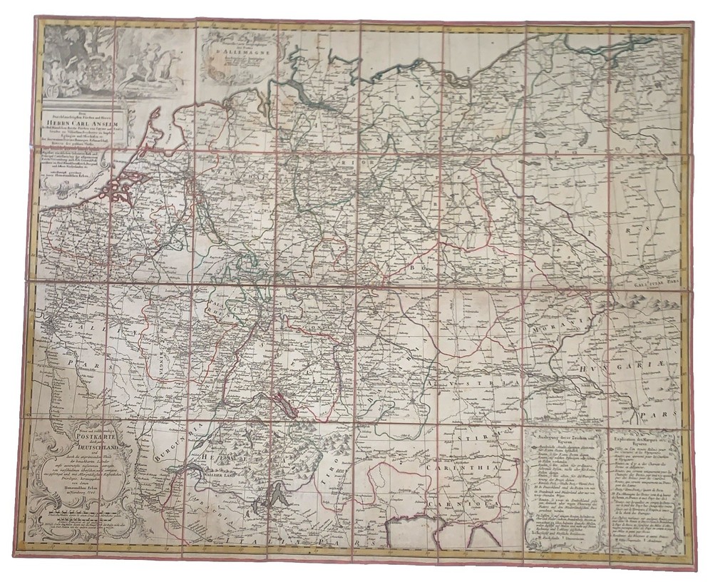 1786, GERMAN POSTAL MAP, by HOMANN HEIRS, RED CLOTH MOUNT & MARBLED CASE 38 x 30