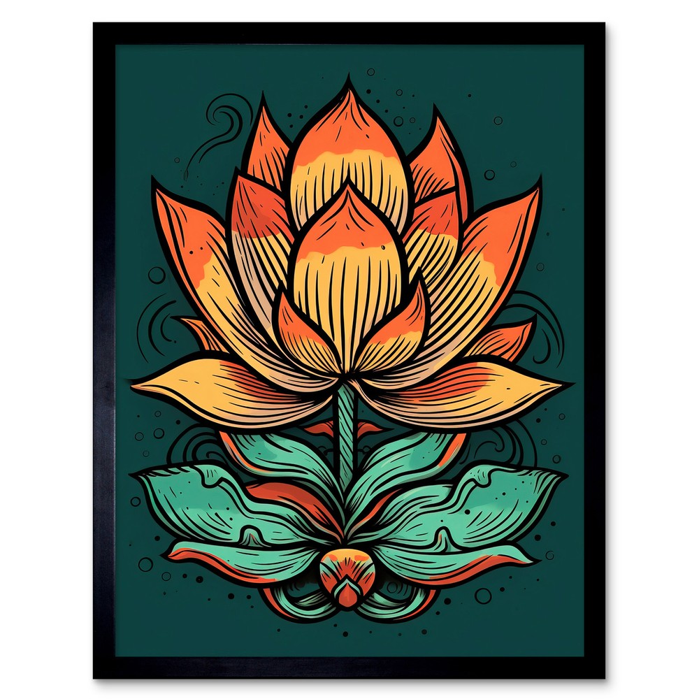 Old School USA Tattoo Lotus Flower Rockabilly 50s Framed Print Wall Art 12x16