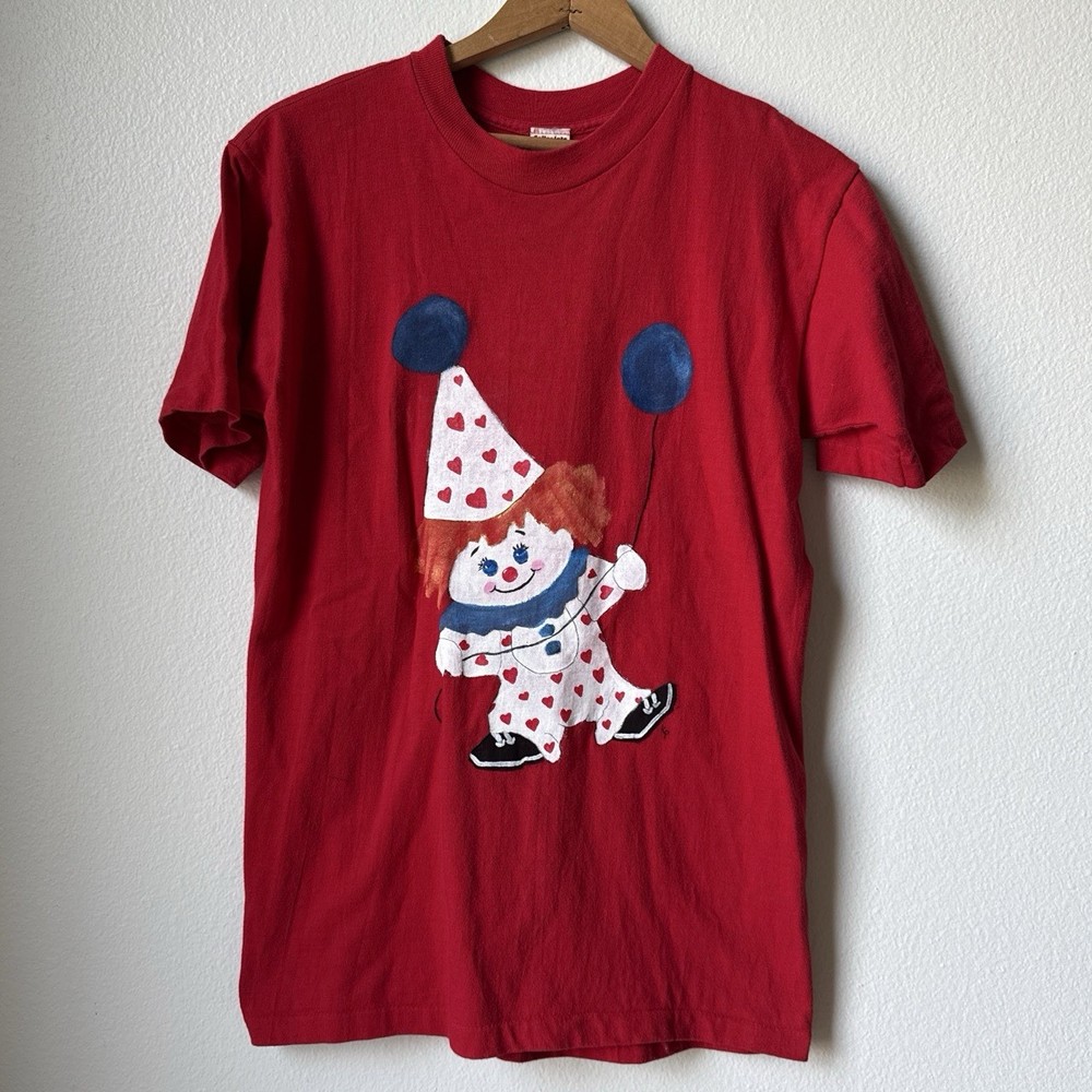 Hand painted vintage Red Clown Graphic Crew Neck Short Sleeve Cotton T-Shirt M