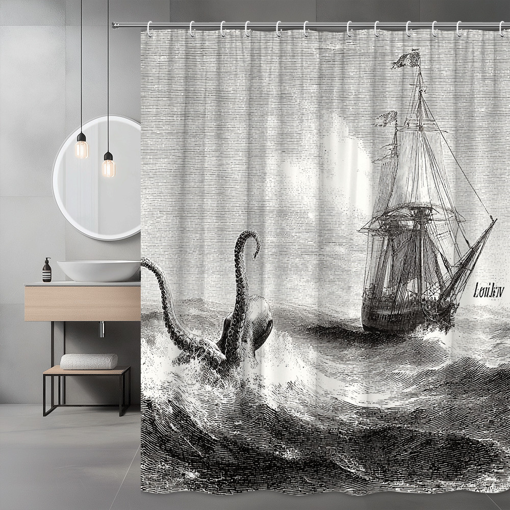 Octopus Ship Ocean Shower Curtain Black White Graphic