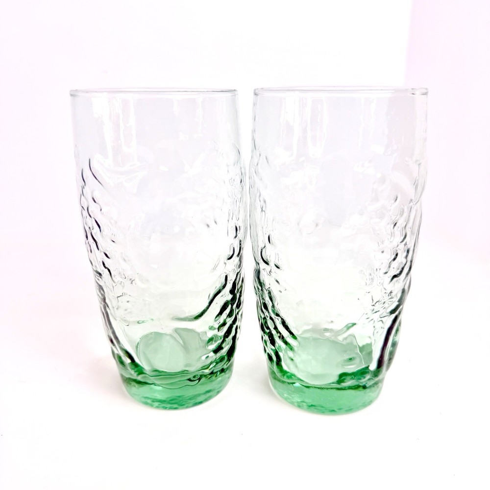 Libbey  | Vintage ‘Orchard Fruit’ Green Cooler 6” Tall Drinking Glasses Set Of 2