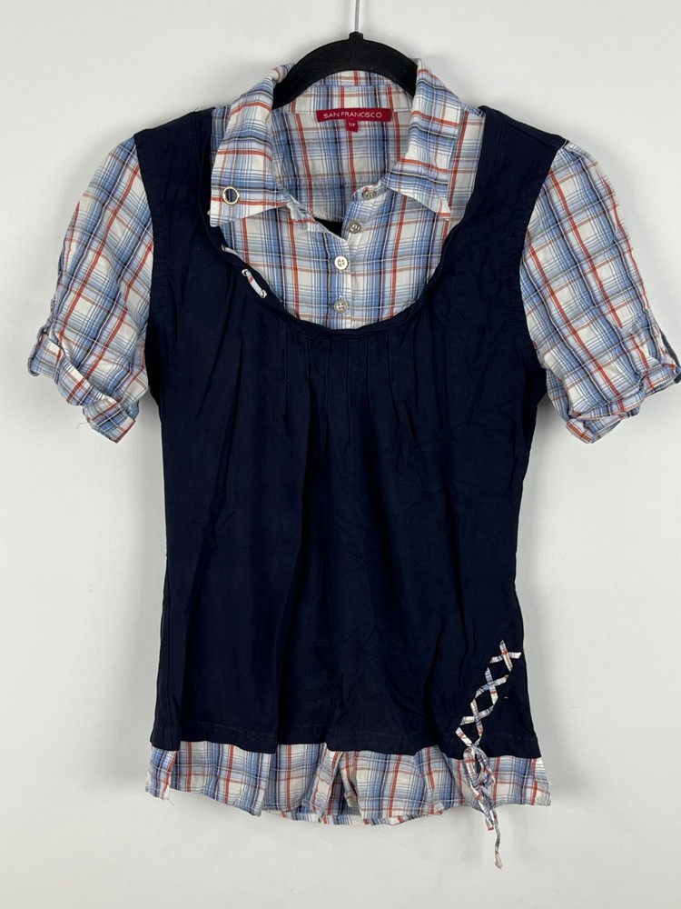 San Francisco Top Blouse Size S Blue Plaid Short Sleeve Collared Stretch