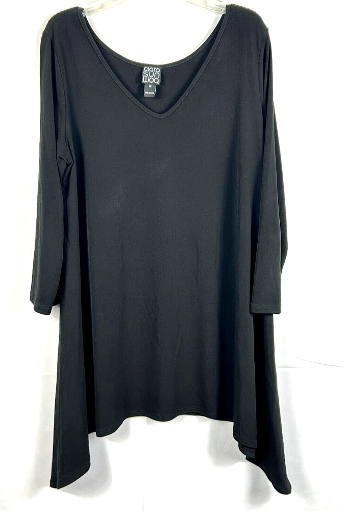Clara Sun Woo Tunic Top Sz Medium Black Jersey Knit Fluid 3/4 Sleeve Trapeze Hem