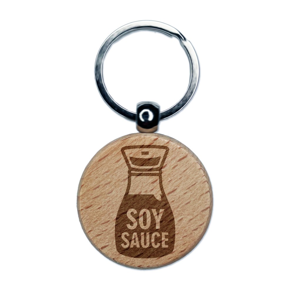 Soy Sauce Bottle Engraved Wood Round Keychain Tag Charm