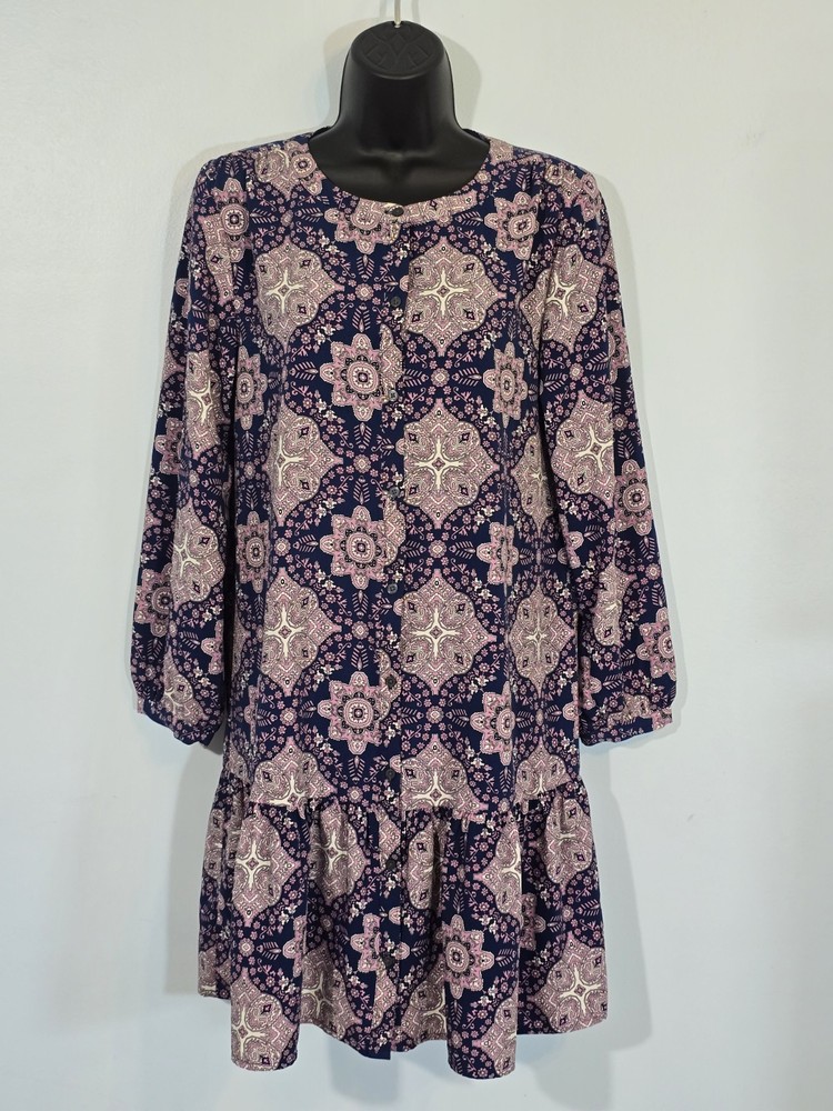LOFT Women's Navy Pink Paisley Print Long Sleeve Dress Boho Flowy Casual Small