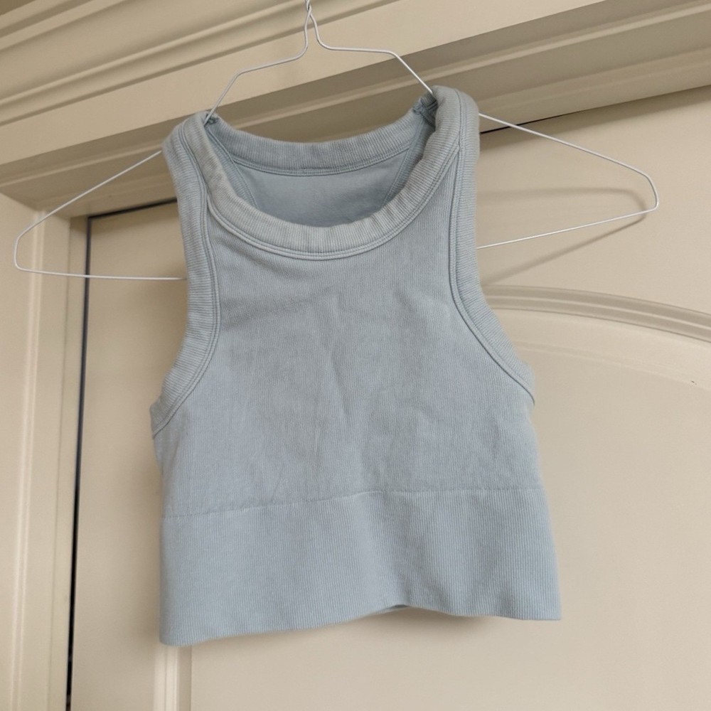 alo Light Blue Ribbed Racerback Pullover Wireless Sports Bra Logo Size S