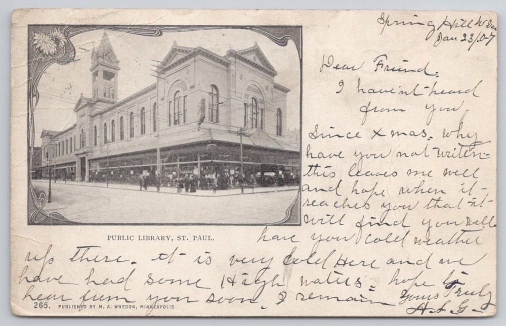 1907 St. Paul Public Library Vintage Postcard MN Spring Hill VA Postmarked
