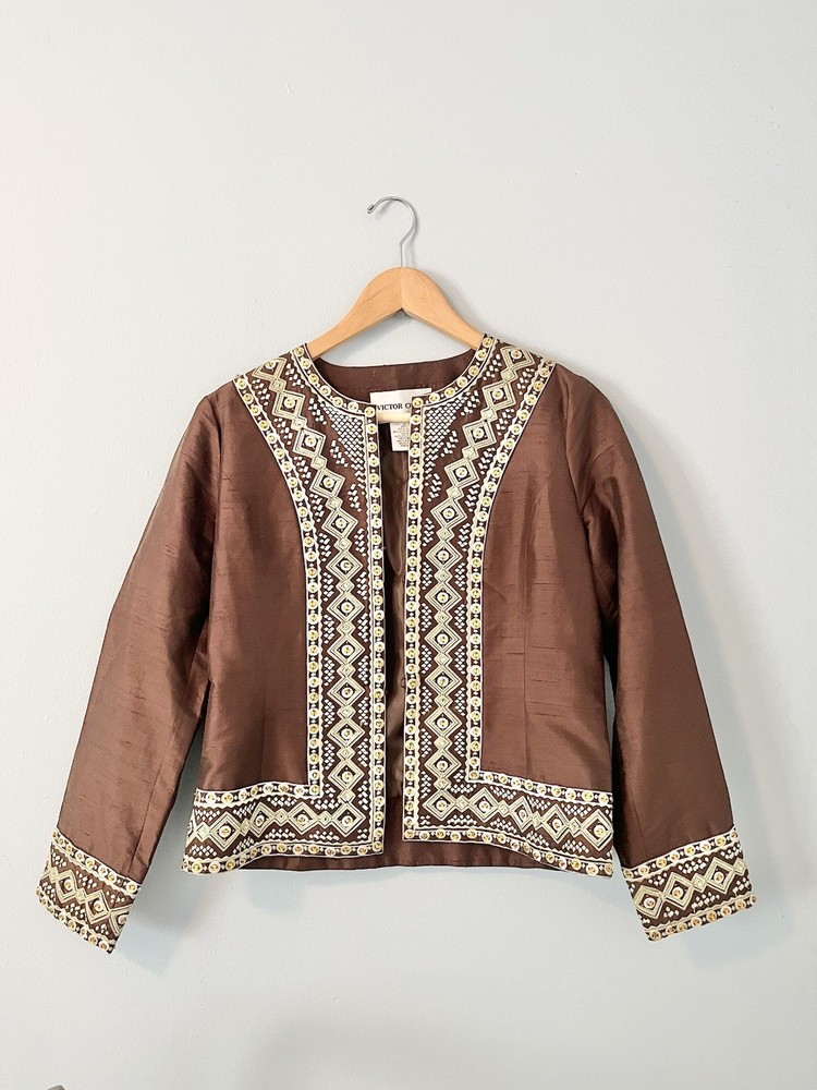 VICTOR COSTA S Silk Dressy Jacket Blazer Bead Embroidery Brown Y2K 90s Occasion