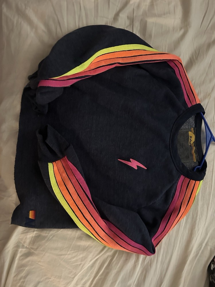 AVIATOR NATION Bolt Cropped Classic Five Stripe Crewneck Sweatshirt L Large