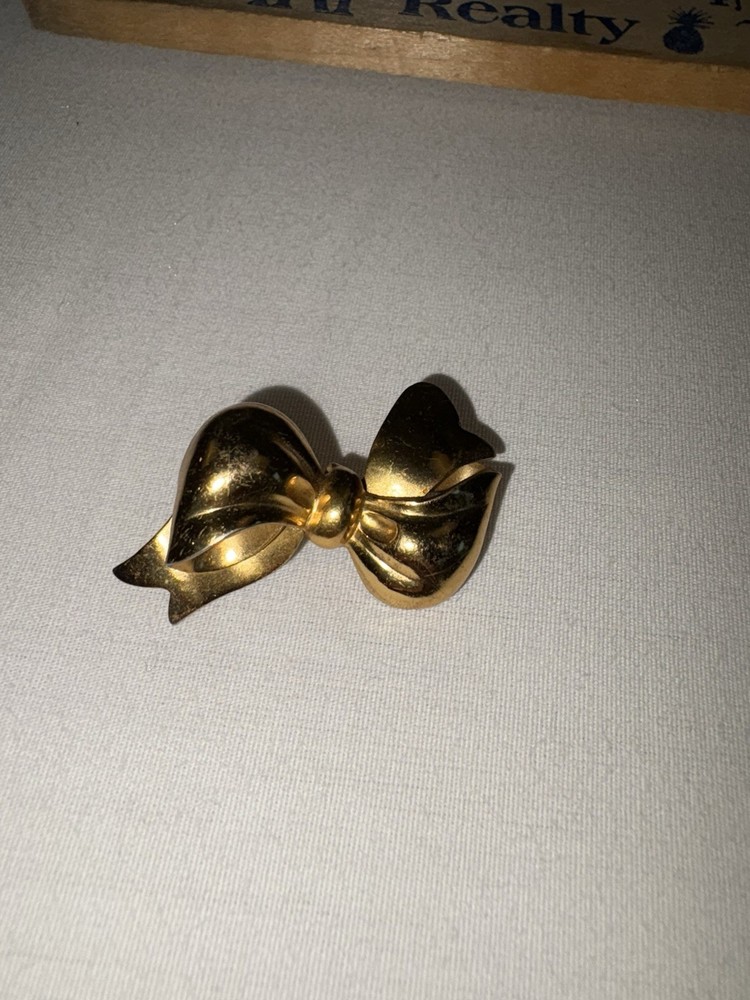 Vintage Ribbon Bow Brooch Pin Yellow Gold Tone Lapel Pin Art Deco Style