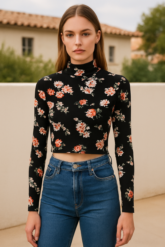 Women’s Romantic Floral Mock Neck Crop Top Long Sleeve Feminine Cottagecore