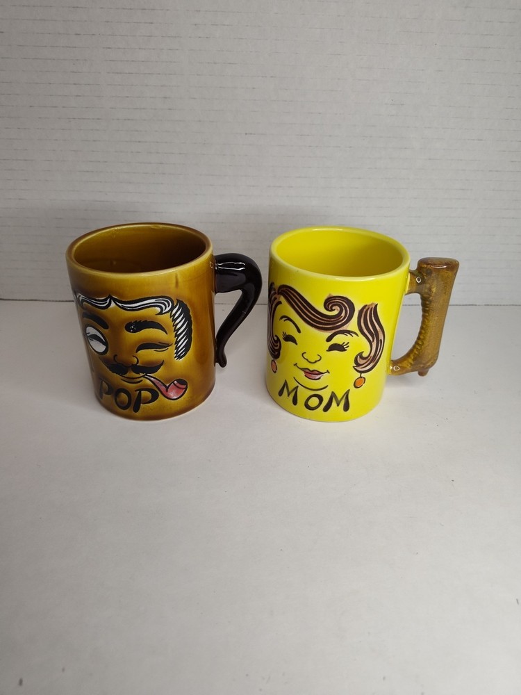 Vintage Mom and Pop Coffee Cups Mugs Set of 2 Retro Kitschy Mid Century Home Dec