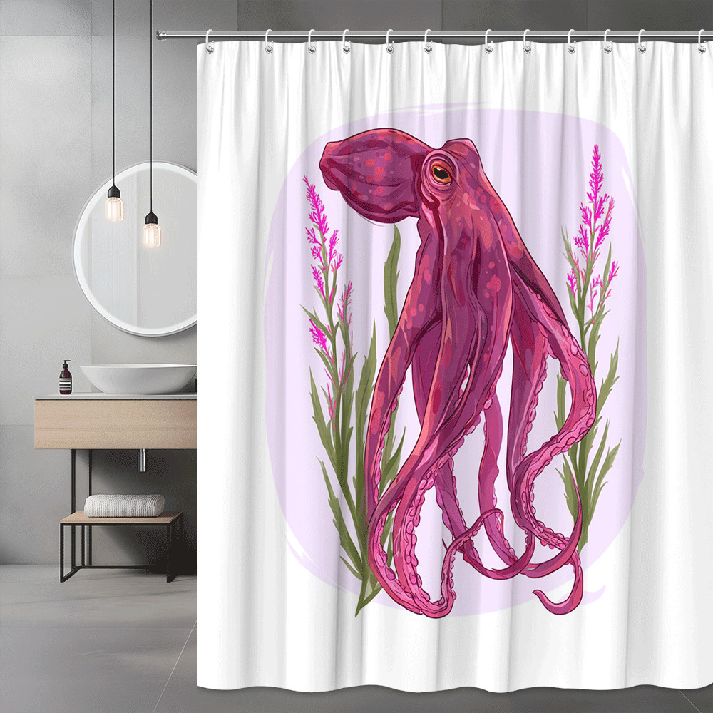 Pink Octopus Shower Curtain Floral Sea Life Print