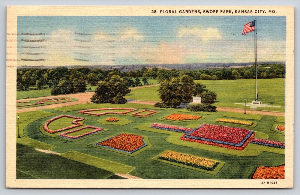 Kansas City Missouri~Air View Floral Gardens Swope Park~Vintage Linen Postcard