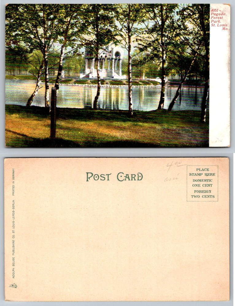 Forest Park St. Louis MO Pagoda Lake Trees Adolph Selige German Postcard