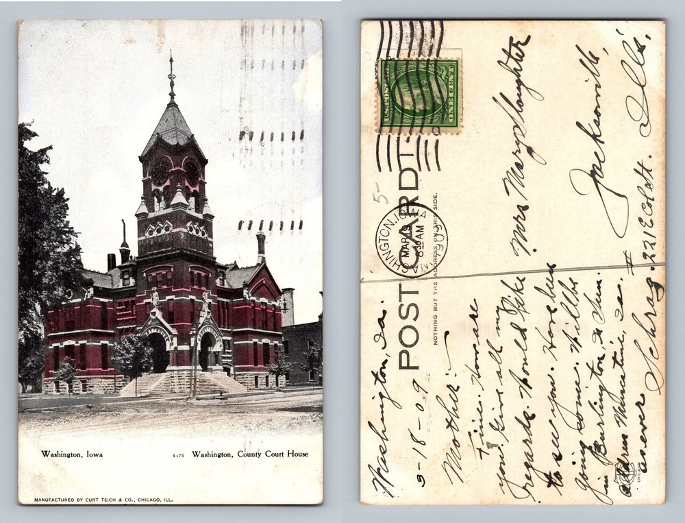 Washington, IA-Iowa, County Court House Brick Clock Tower Vintage c1909 Postcard