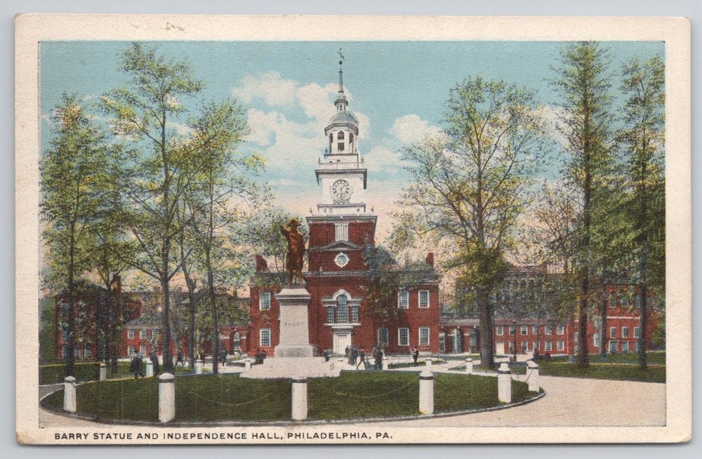 Independence Hall Barry Statue Philadelphia PA Vintage Linen Postcard 1930s